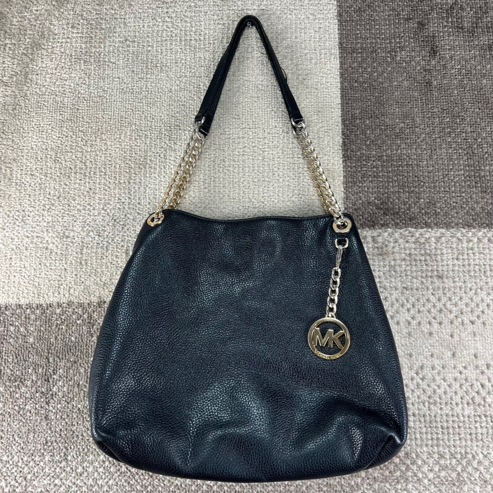 Michael Kors Black Pebbled Leather Fulton Chain Shoulder Bag Gold Hardware